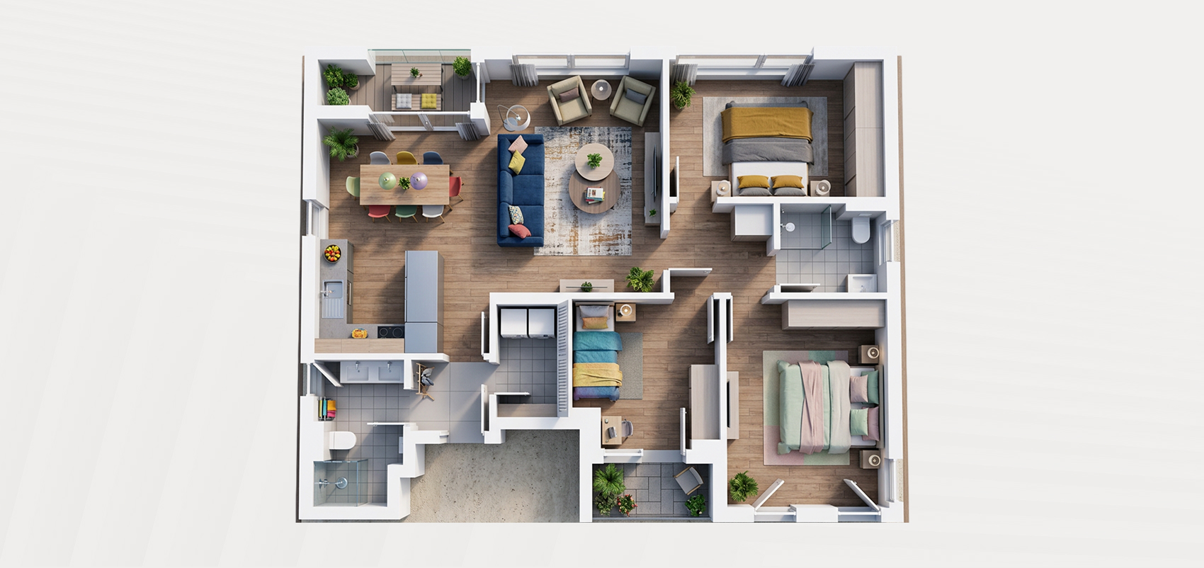Interior visualization — S5 second floor, three-bedroom apartment